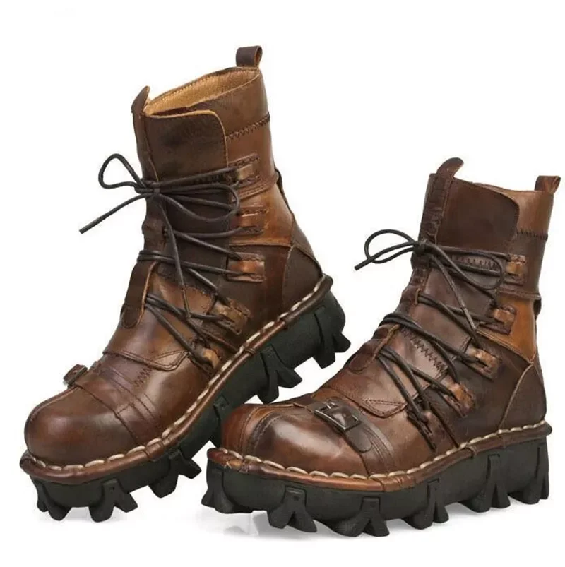 

Cowhide Genuine Leather Work Boots Military Combat Boots Gothic Skull Punk Motorcycle Martin Boots