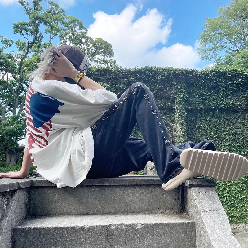 21AW KAPITAL Hirata Hohiro Vintage Washed Gem Embroidery Casual Denim Pants for Men and Women Black Slim Jeans High Quality