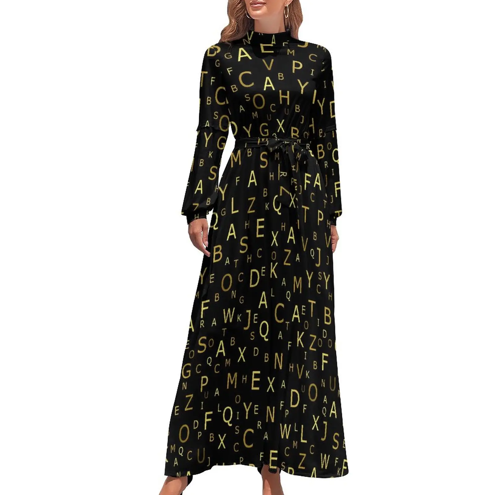 

Golden Letter Dress Alphabet Print Korean Fashion Beach Dresses Female Long Sleeve High Waist Vintage Long Maxi Dress