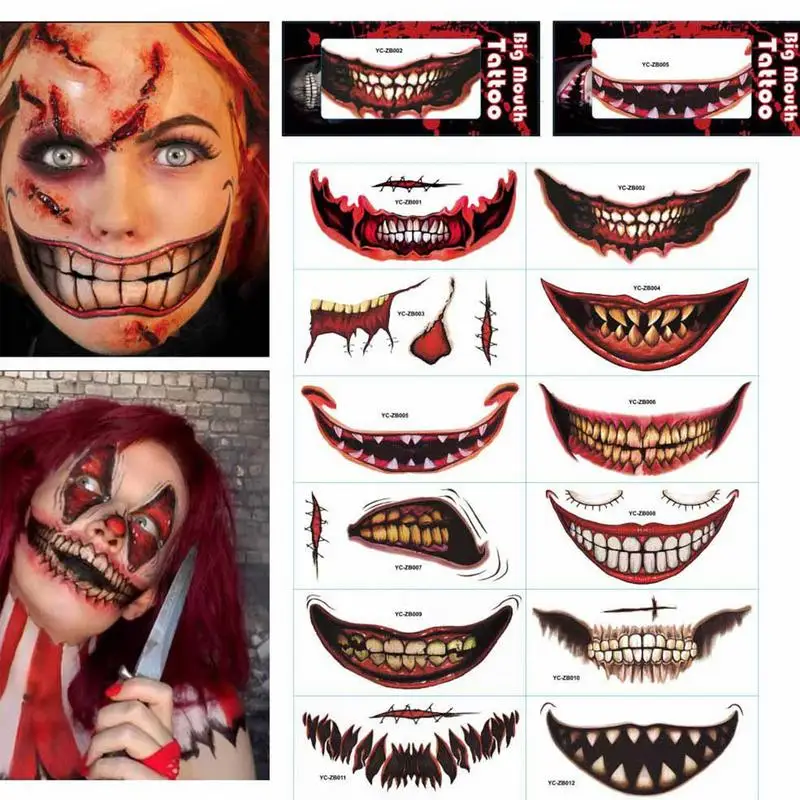

12 Sheets Halloween Temporary Tattoo Stickers Horror Clown Mouth Face Body Makeup Waterproof Realistic Scar Wound Sticker