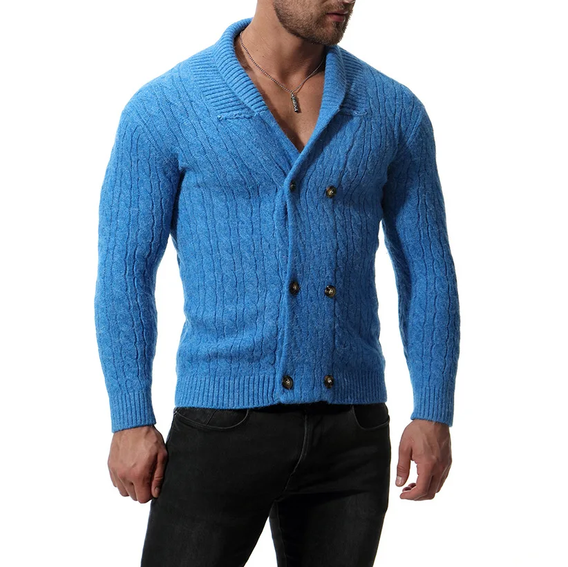 New  Slim Men Knit Lapel Long Sleeve  Solid Color Regular Sweater