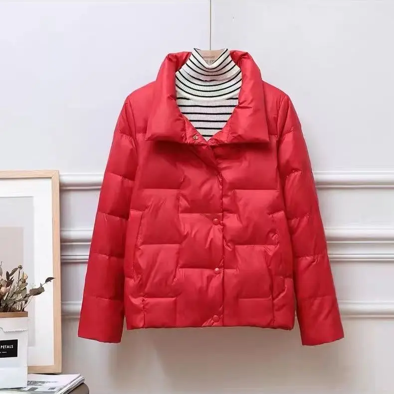2023 News Winter Women White Duck Down Coat Casual Warm Jacket Female Short Pockets Buttons Warm Ladies Stand Collar M13