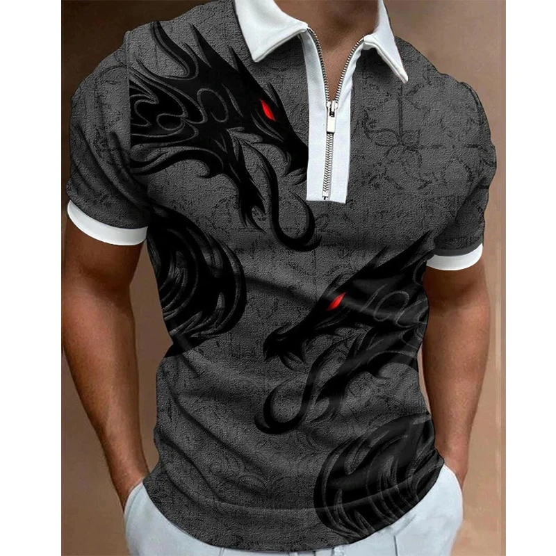 

Luxury Men's Clothing Polo Shirts Casual Turn-Down Collar Zipper Patchwork Dragon Print Short Sleeve Tee Shirt Men Polos Tops