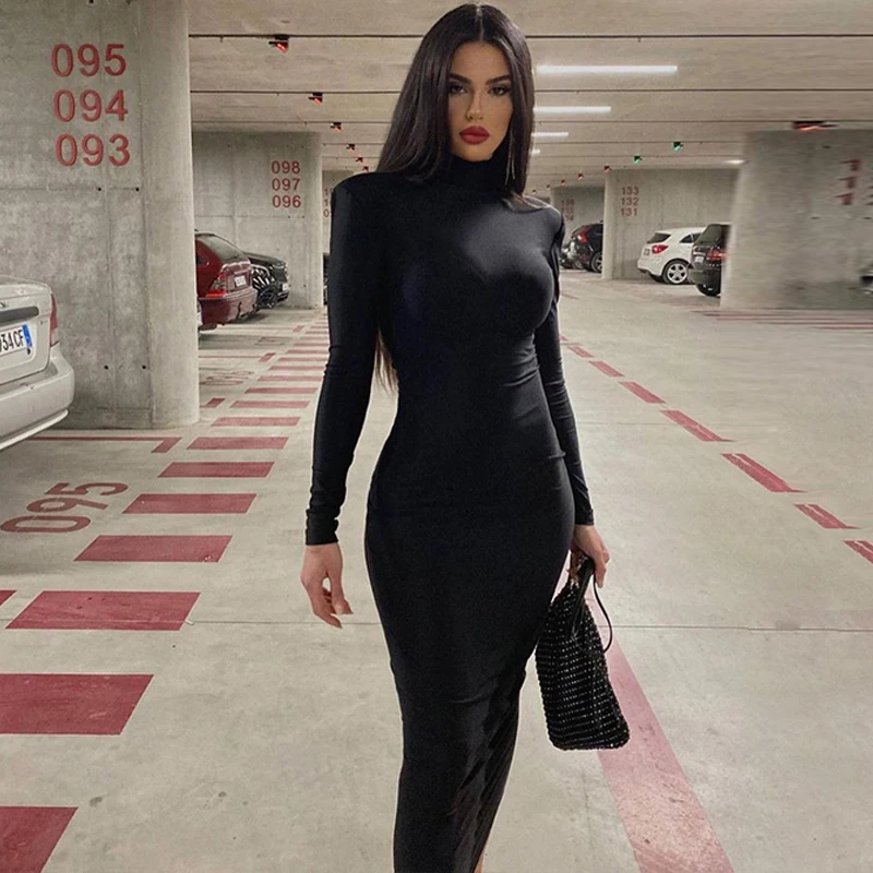 

HOTCY Autumn Y2K Clothes Sexy Black Bodycon Basic Outfit with Long Sleeve O Neck Party Club High Quality Midi Dress for Women