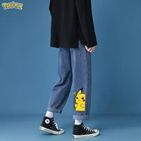 pokemon pikachu harajuku cartoon print straight casual denim pants mens washed jeans baggy streetwear loose blue jean pants