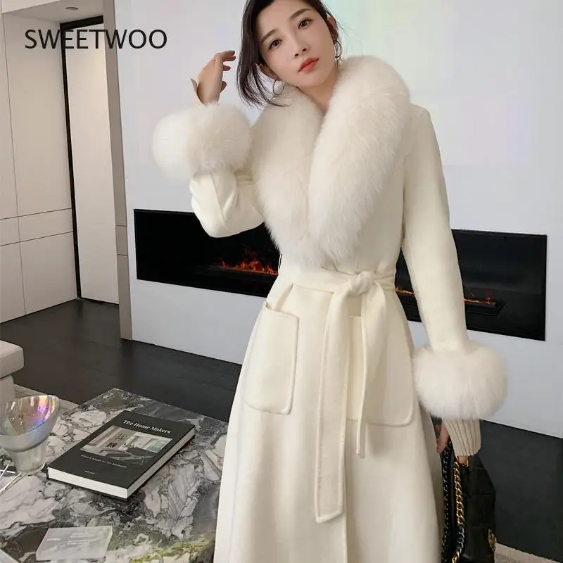 Double Sided faux  Cashmere Coat Fall Winter 2021 New Korean Version faux Fox Big Fur Collar Long Slim White Wool Coat for Women