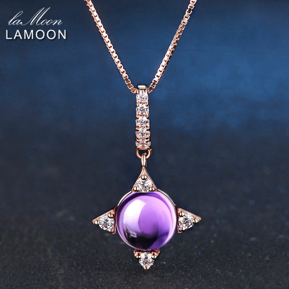 

LAMOON 8mm 2.3ct Natural Purple Amethyst 925 Sterling Silver Jewelry Simple Chain Pendant Necklace S925 LMNI003