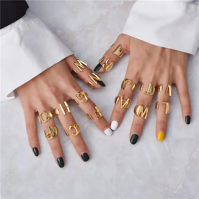 

Chunky Wide Hollow A-Z Letter 3Colors Metal Adjustable Opening Ring Initials Name Alphabet Female Party Fashion Jewelry