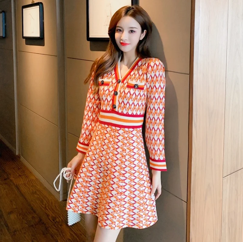 

Knitting Party Dresses Summer Print V-neck A-LINE Long Sleeve Clothing Street houthion