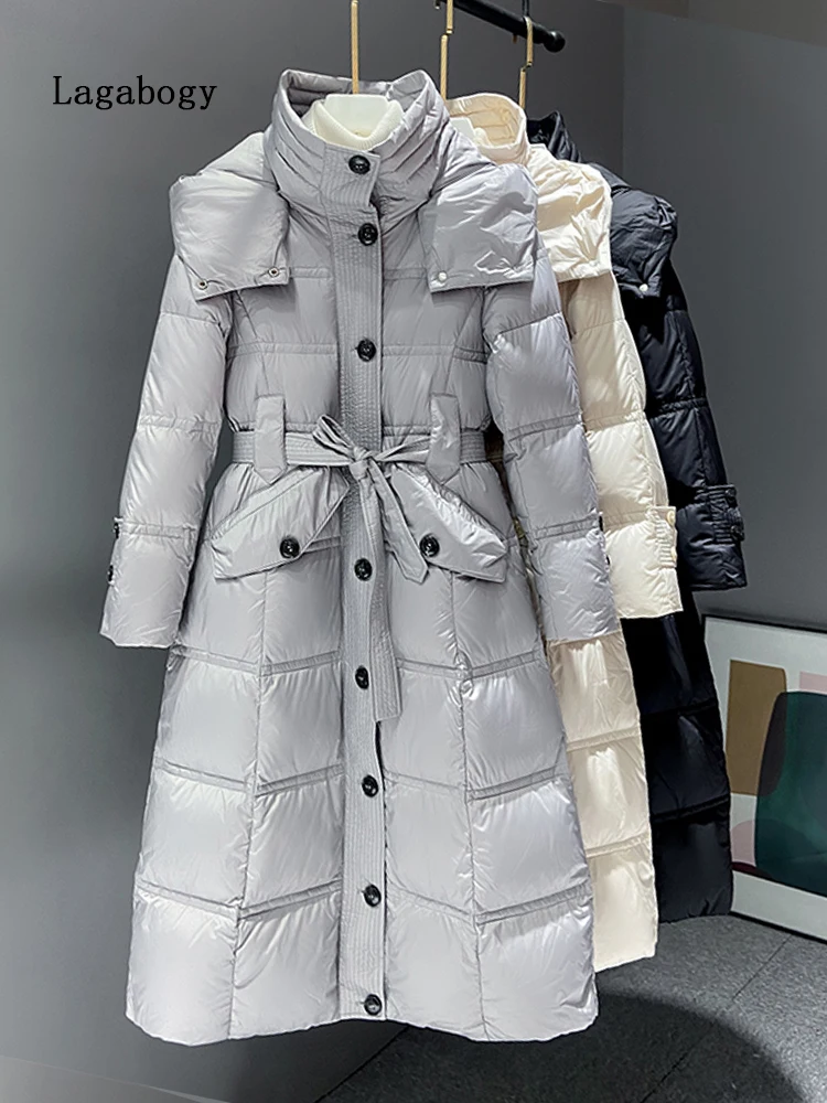 Lagabogy 2022 Winter Women 90% White Duck Down Coat Casual Hooded Single Breasted Windproof Long Puffer Jacket Thick Warm Parkas