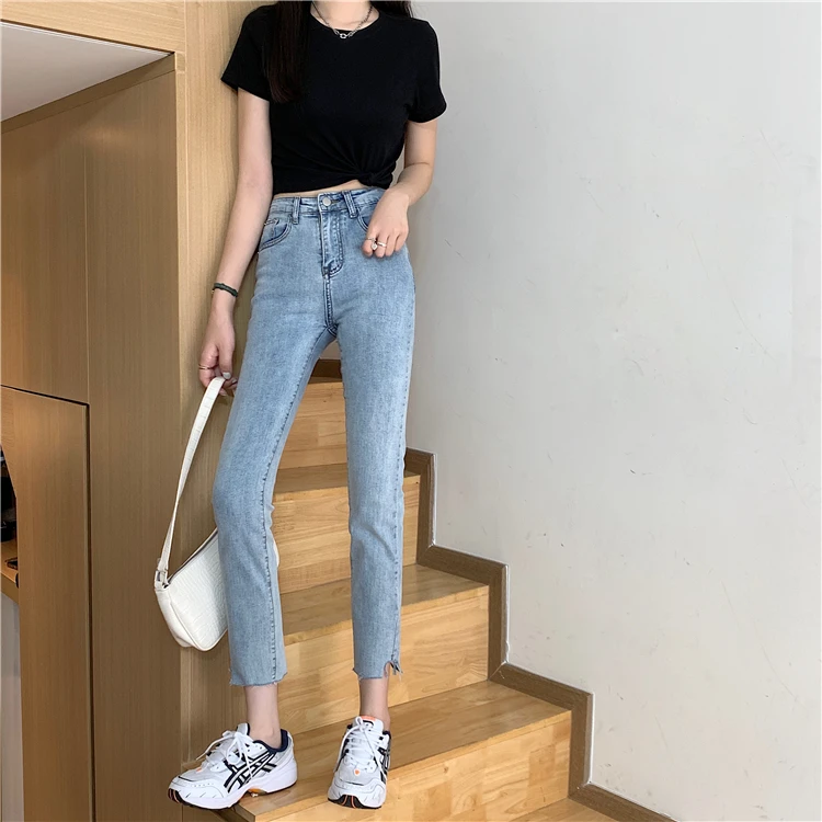 N1793 New high-waisted, thin and irregular nine-point cigarette jeans