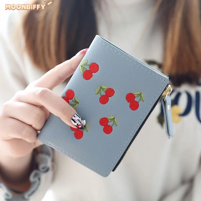 

Fashion Women Short Wallet Small Zipper Purse Cherry Embroidery Coin Purse Cute Simple Card Holders Lady Girl Mini Money Bag