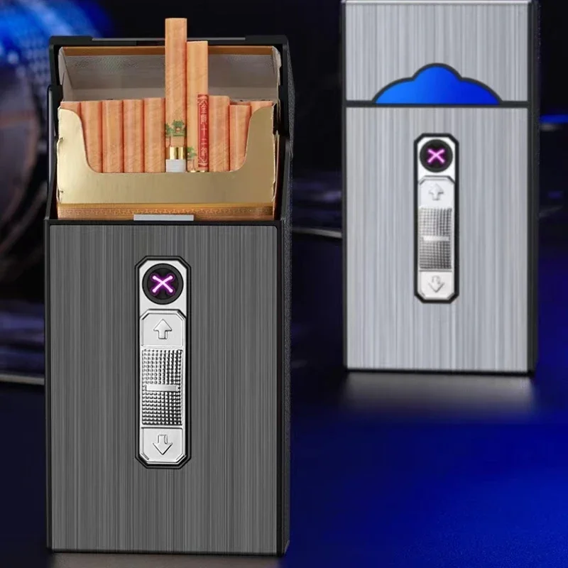 Фото Новый USB-перезаряжаемый портсигар, прикуриватель, нагревательный провод, вмещает 20 тонких сигарет, коробка для хранения сигарет с зажигалкой №4