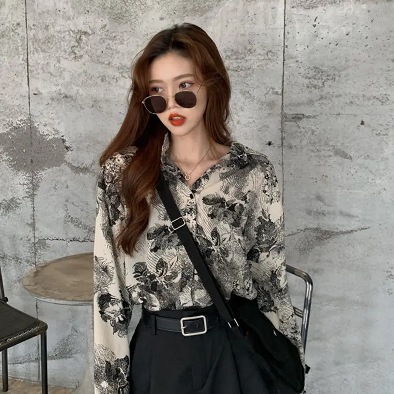 Vintage Printing Chiffon Shirt Tops Spring Summer New Long Sleeve Loose Versatile Trend Korean Style Casual Women Clothing