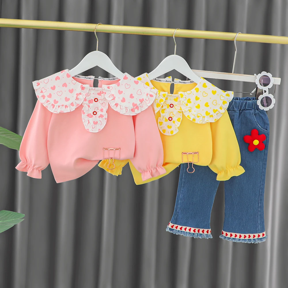 

Комплект одежды для маленьких девочек детская одежда весенне-осенний комплект одежды для девочек, топ с кукольным воротником, джинсы хлопк...