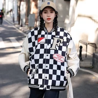 kchy womens spring jacket vintage high street checkerboard baseball uniform fashion brand jacket top 2022 new