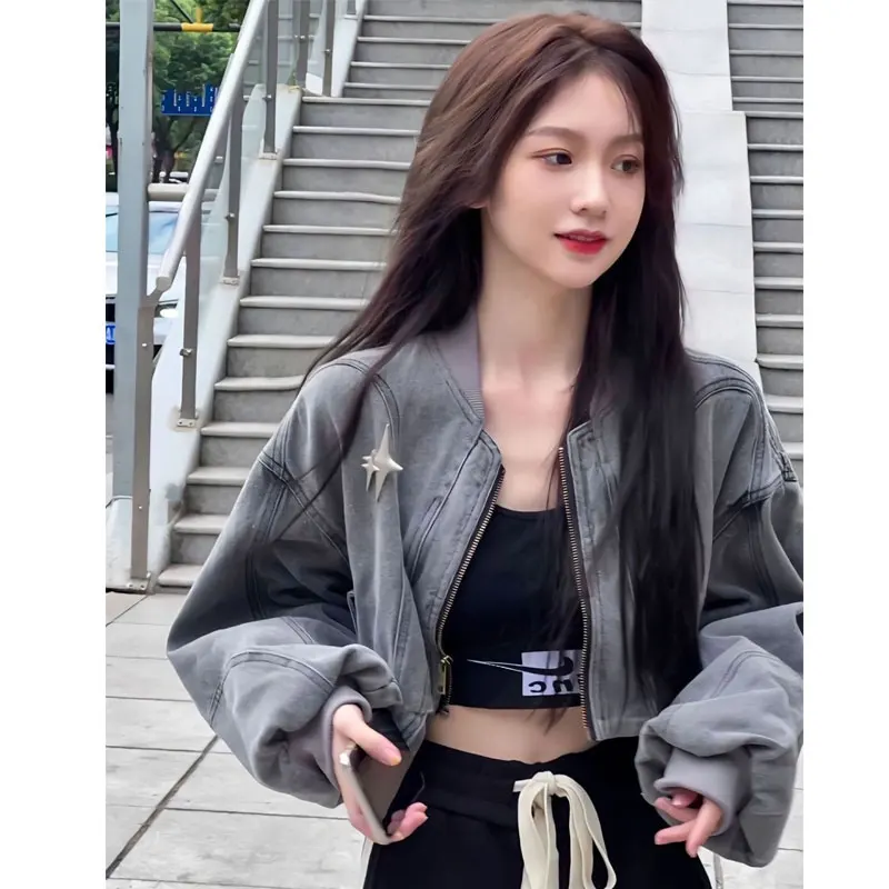 

HOUZHOU Cropped Women's Denim Jacket Vintage Oversize Streetwear Star Girl Y2k Jean Short Jackets Korean Fashion Long Sleeve
