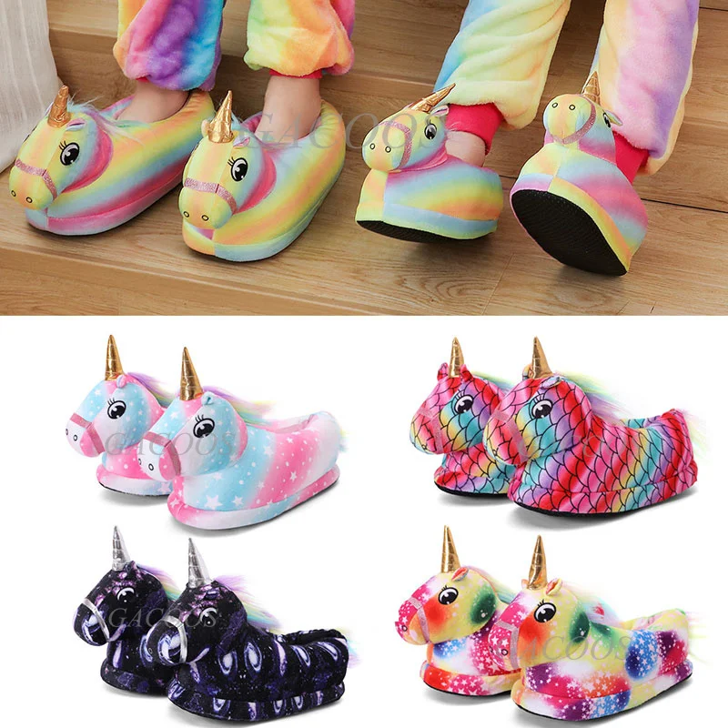 

Cute Cartoon Unicorn Women Cotton Slippers Slip-on Winter Warm Plush Grils Bedroom Shoes Indoor Colorful Animal Slides Onesies