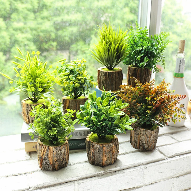 Artificial Green Plant Bonsais Evergreen Leaves Wooden Pots for Indoor Party Decoration Office Desktop Home Ornaments