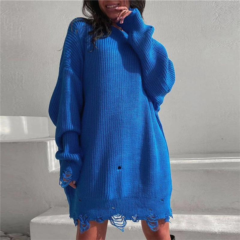 

Women Ripped Hole Knit Dress Autumn Winter Long Sleeve Mini Sweater Dresses Casual Loose Oversize Knitted Short Dresses