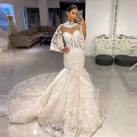 luxury 2022 mermaid wedding dress lace appliques bridal gowns with flare sleeve customize high sheer neck long train for bride