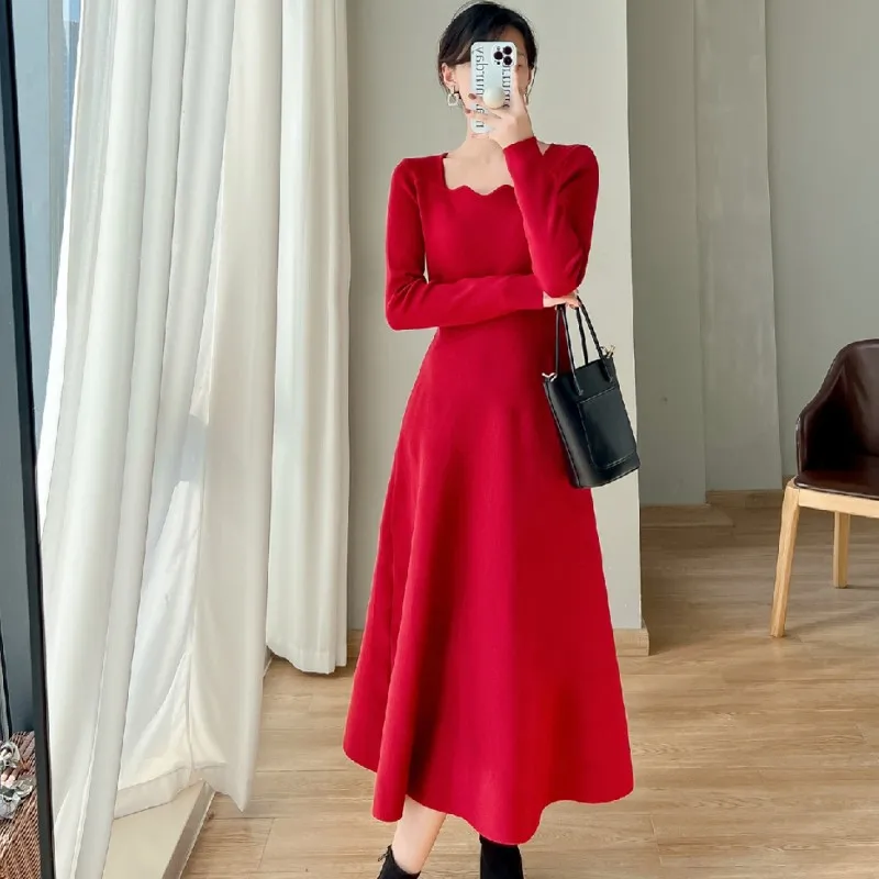 

Women Elegant Square Collar Long Sleeve Sweater Dress 2022 Autumn Winter Red knitting Thick Warm Slim A-Line Party Midi Dress