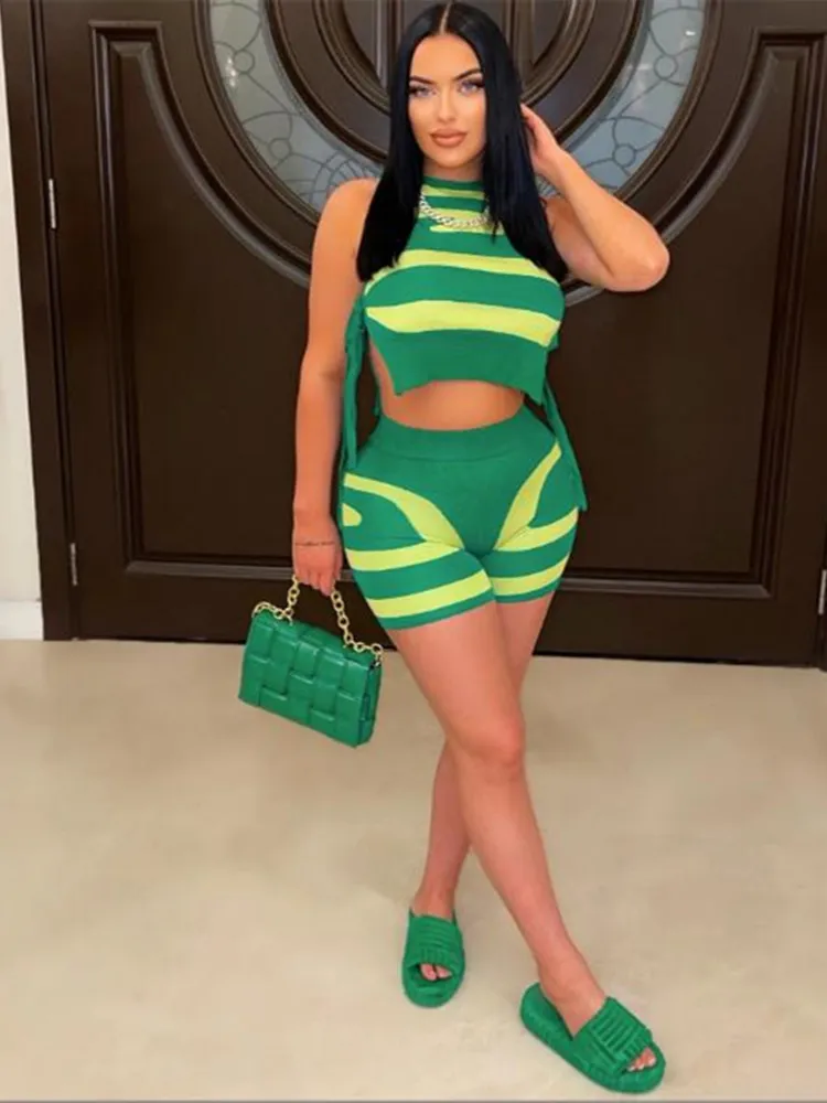 

Wmstar Two Piece Set Patchwork Knitted Women O Neck Sleeveless Lace Up Vests Crop Top Shorts Suit Stretchy Tracksuits Wholesale