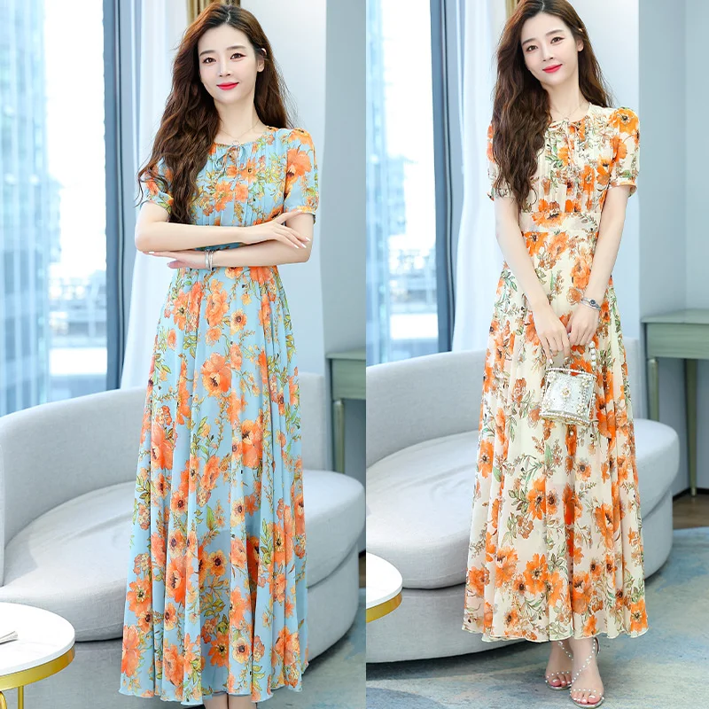 

Summer New Floral Chiffon Women's Maxi Dress Ladies Short Sleeve Elegant Temperament Slim Bohemian Beach Dresses Vestidos