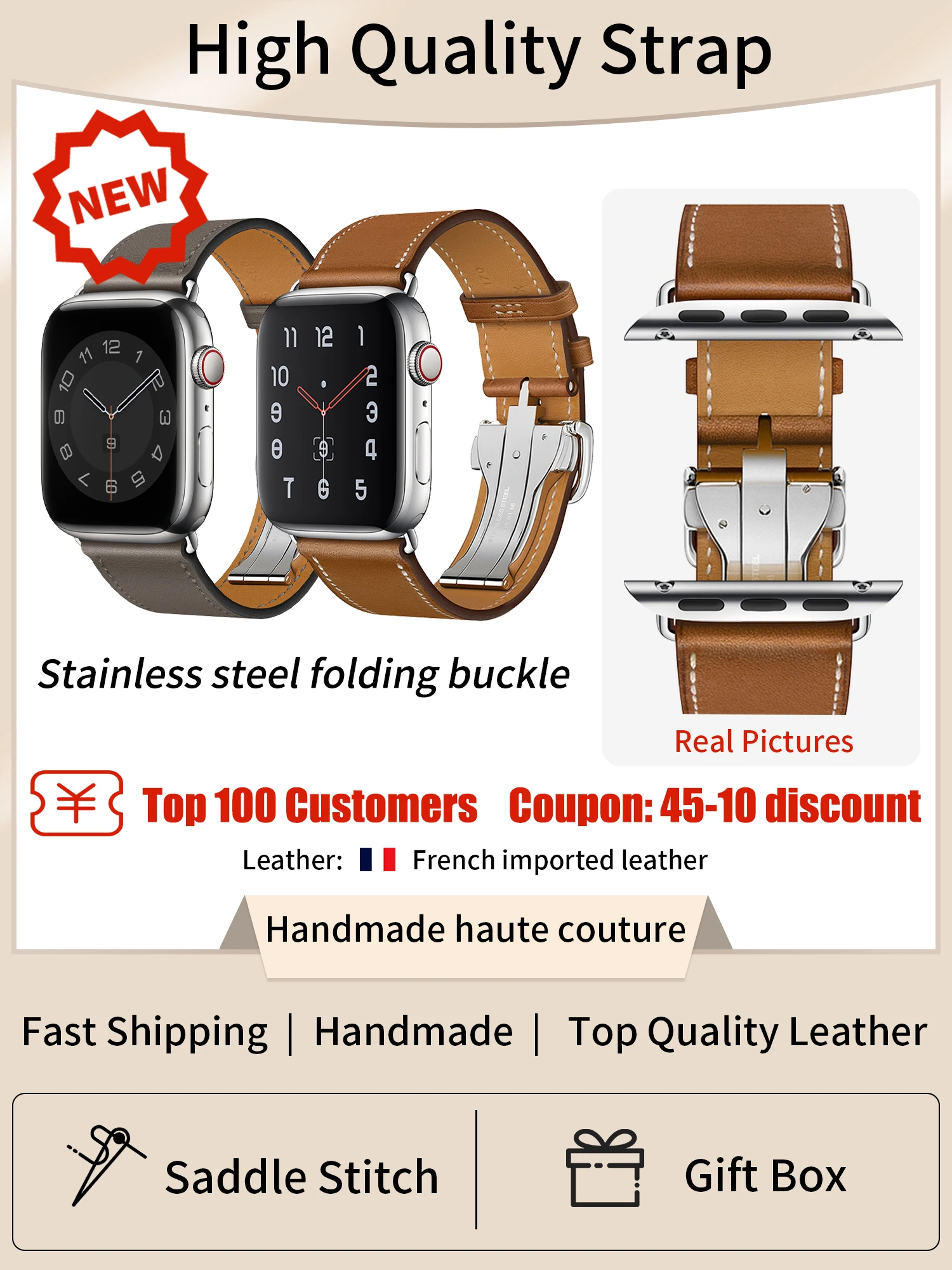 Hot Sale Genuine Leather Deployment Buckle Strap Bracelet For Iwatch Apple Watch 8 Band Ultra 7 6 Se 5 4 3 45mm Correa Bracele