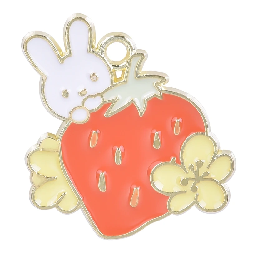 

10pcs/Lot Little White Rabbit Animal Strawberry Fruit Food Yellow Plum Plant Pendants Dripping Oil Charm For Making Jewelry