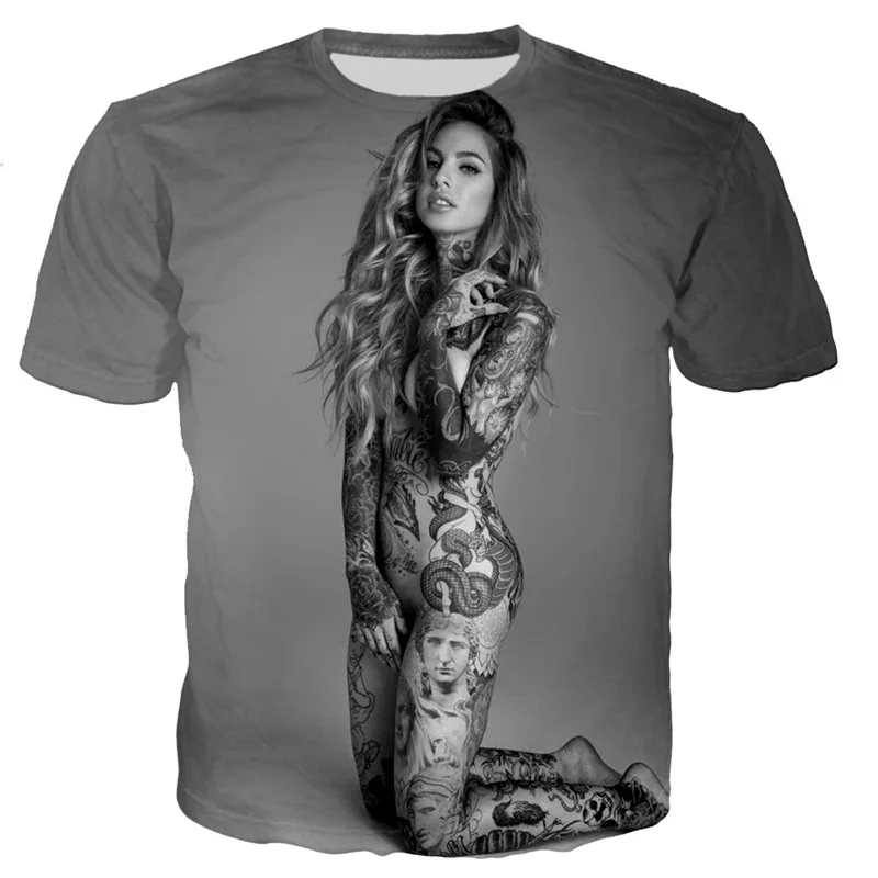 

Sexy Black And White Tattoo Girls T Shirt For Men 2023 Short Sleeve Cool Style Tees Summer Fashion Streetwear 3D Print T-shirt