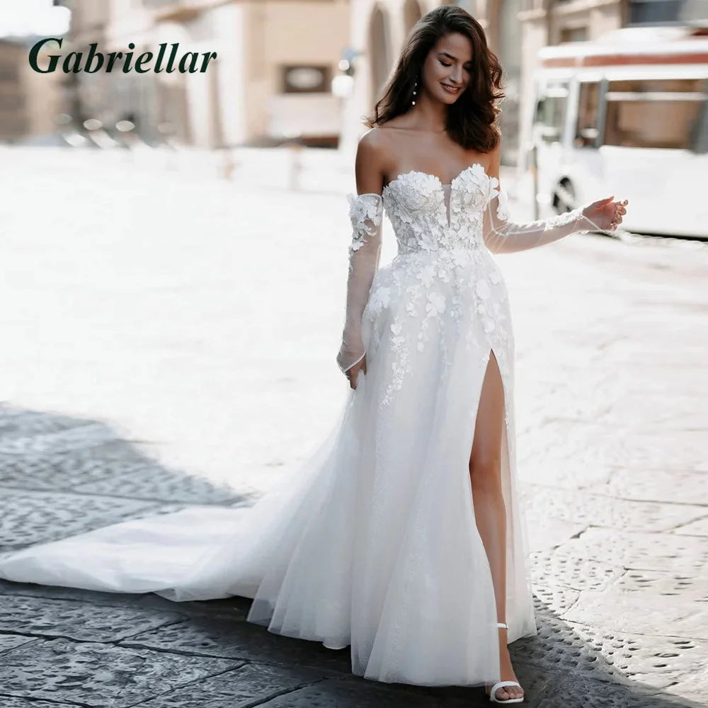 

Gabriellar Wedding Dress Slit Floral Appliques Sweetheart Backless Detachable Sleeve A-line Glitter Tulle 2023 Robe De Mariée