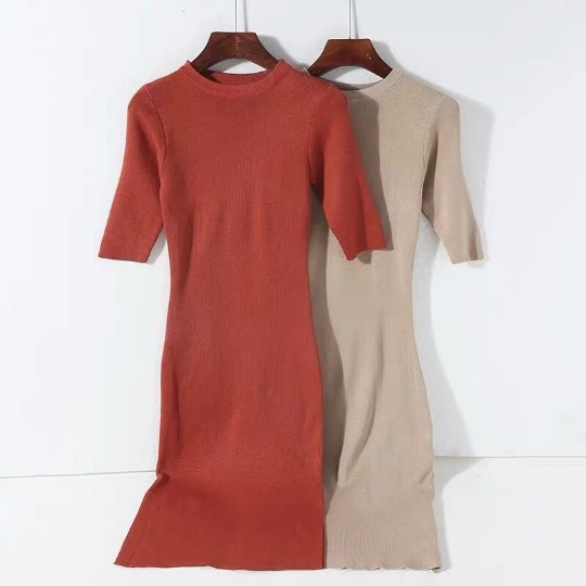 

Fashion Knit Lady Girl Women Dress Middle Sleeve Tight Sheath Sweater Dresses Fall Princess OL Spring Cloth Split Falda Vestido