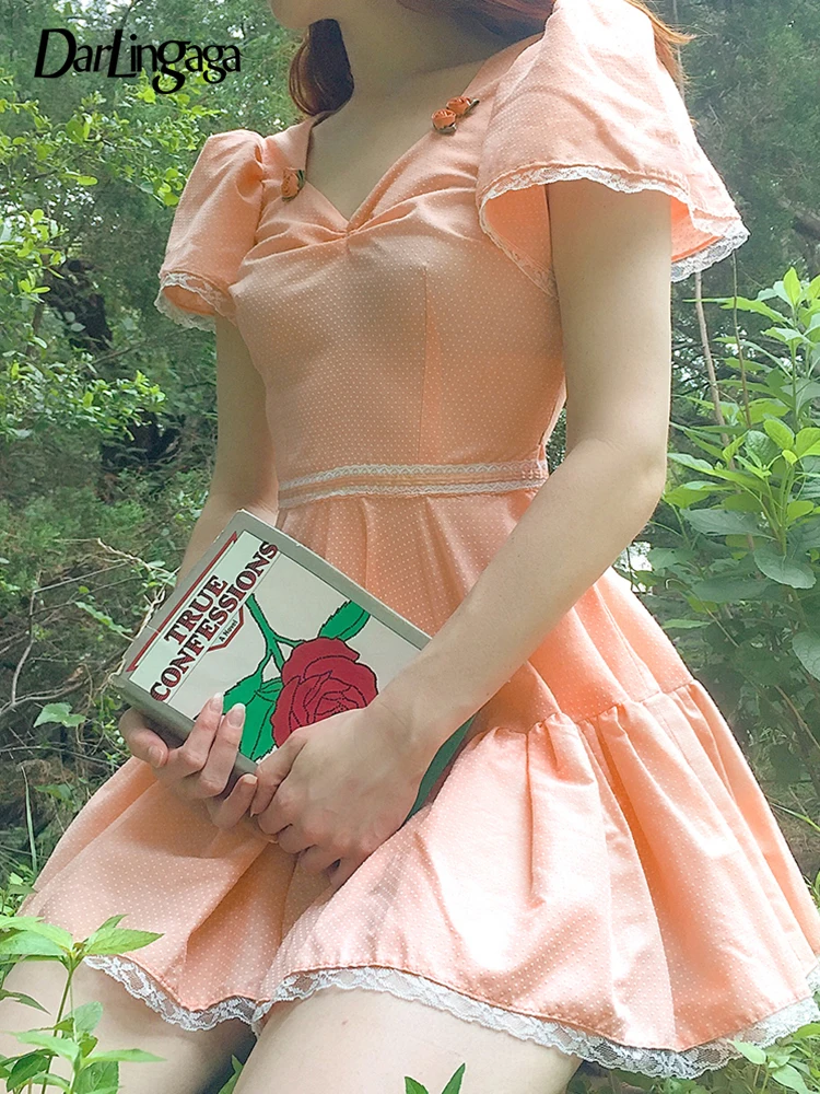 

Darlingaga Korean Fashion Dot Print Sweet Summer Dress Harajuku Cute Orange Lace Trim Women's Dress A-Line Ruched Preppy Clothes