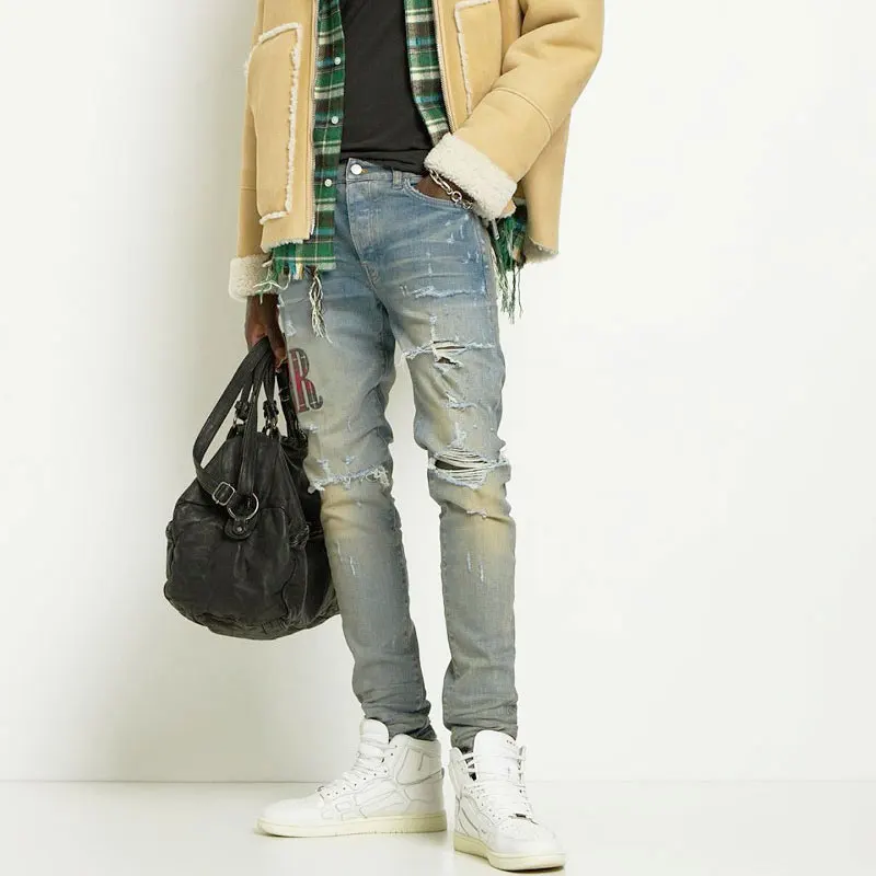 Street Fashion Men Jeans Retro Yellow Blue Elastic Skinny Ripped Jeans Men Embroidered Patch Designer Hip Hop Brand Pants Hombre