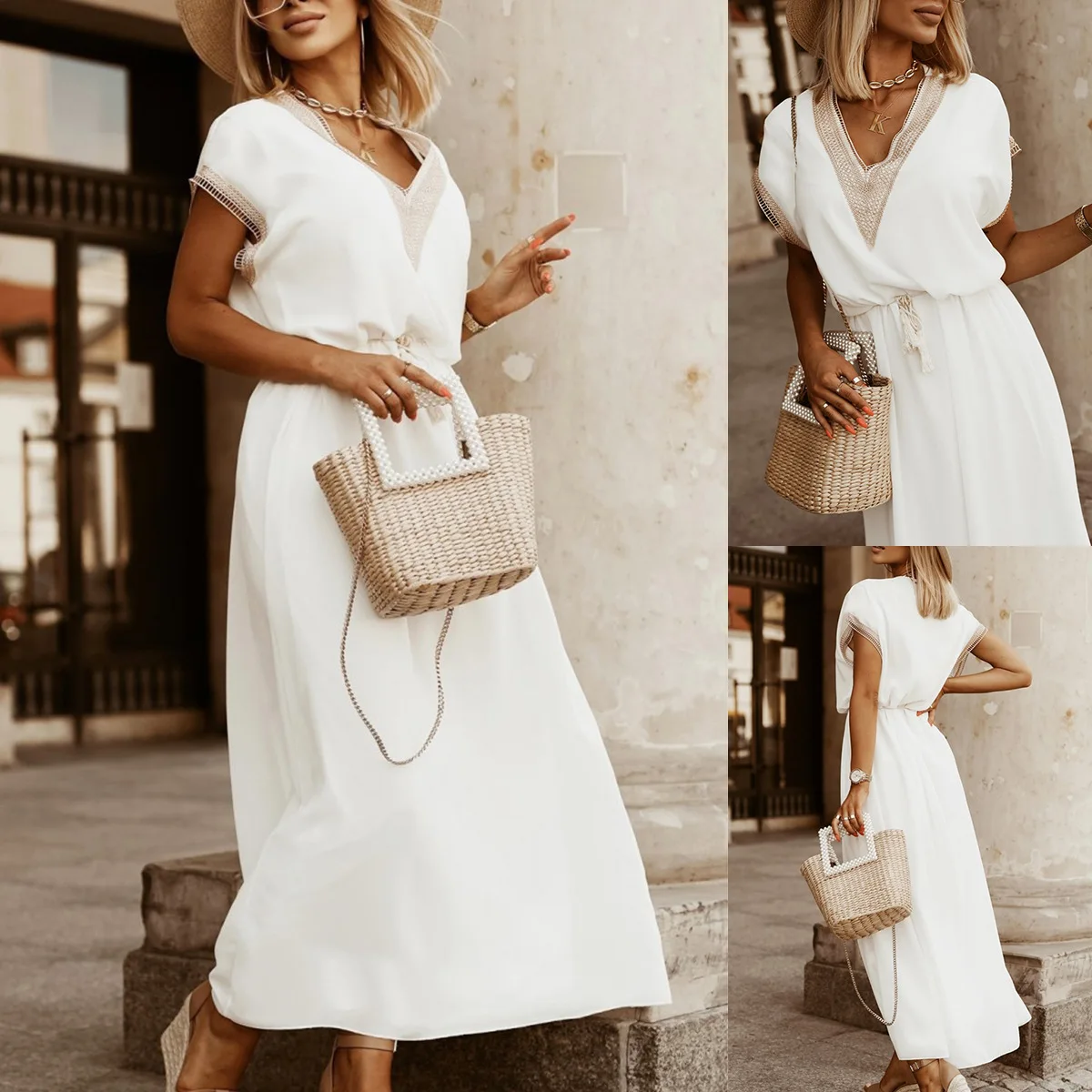 

Summer Loose Waist Cord Spliced Lace Short Sleeve V-Neck Long Dress Women's White Loose Casual Fashion Dress Abiti Da Sera