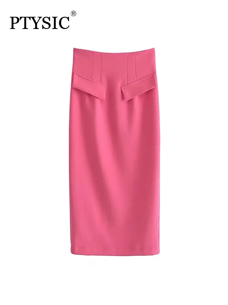 

PTYSIC Women Elegant Pink Midi Skirts 2022 New High Waist Pockets Side Zipper Solid Color Casual Girls Streetwear