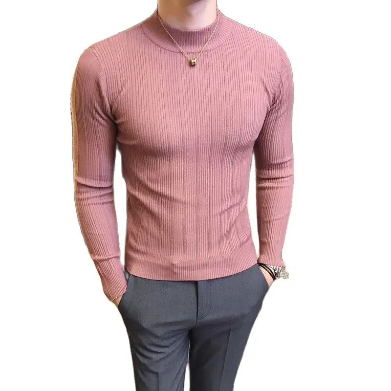 Autumn and Winter Style Boutique Fashion Striped Stretch Comfort Mens Casual Turtleneck Sweater Solid Color Knitted Slim Sweater