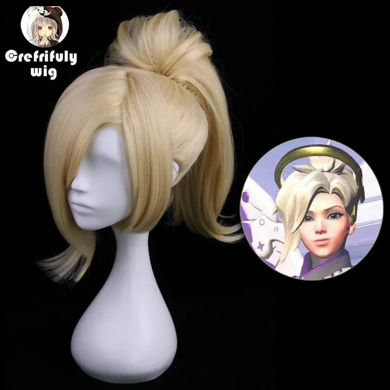 35 см синтетический короткий светлый парик костюм игры OW Overwatch Mercy косплей парики с