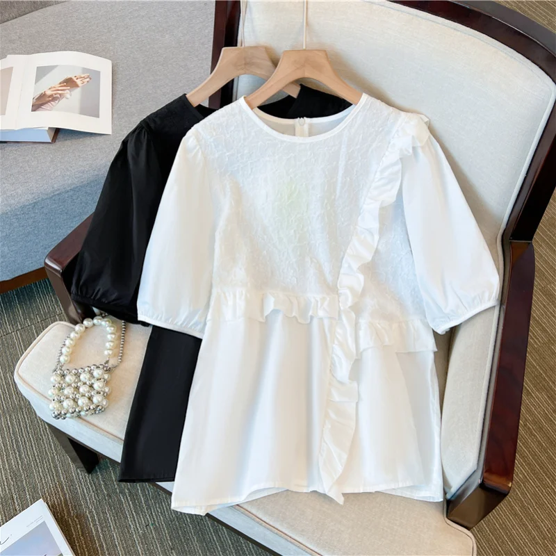 

Hikigawa 2023 Summer loose Chic Fashion Blouse ruffled patchwork preppy Shirt short sleeve Casual Blusas Mujer De Moda