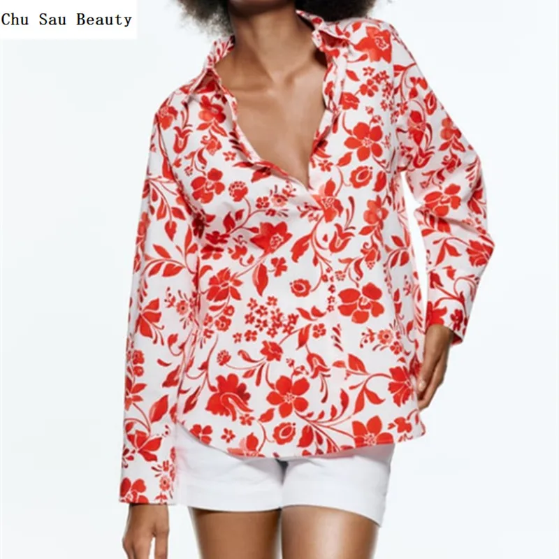 

2022 ZA New Women Elegant Sweet Flower Print Shirt Spring Casual Fashion Versatile Long Sleeve Single Breasted Tops