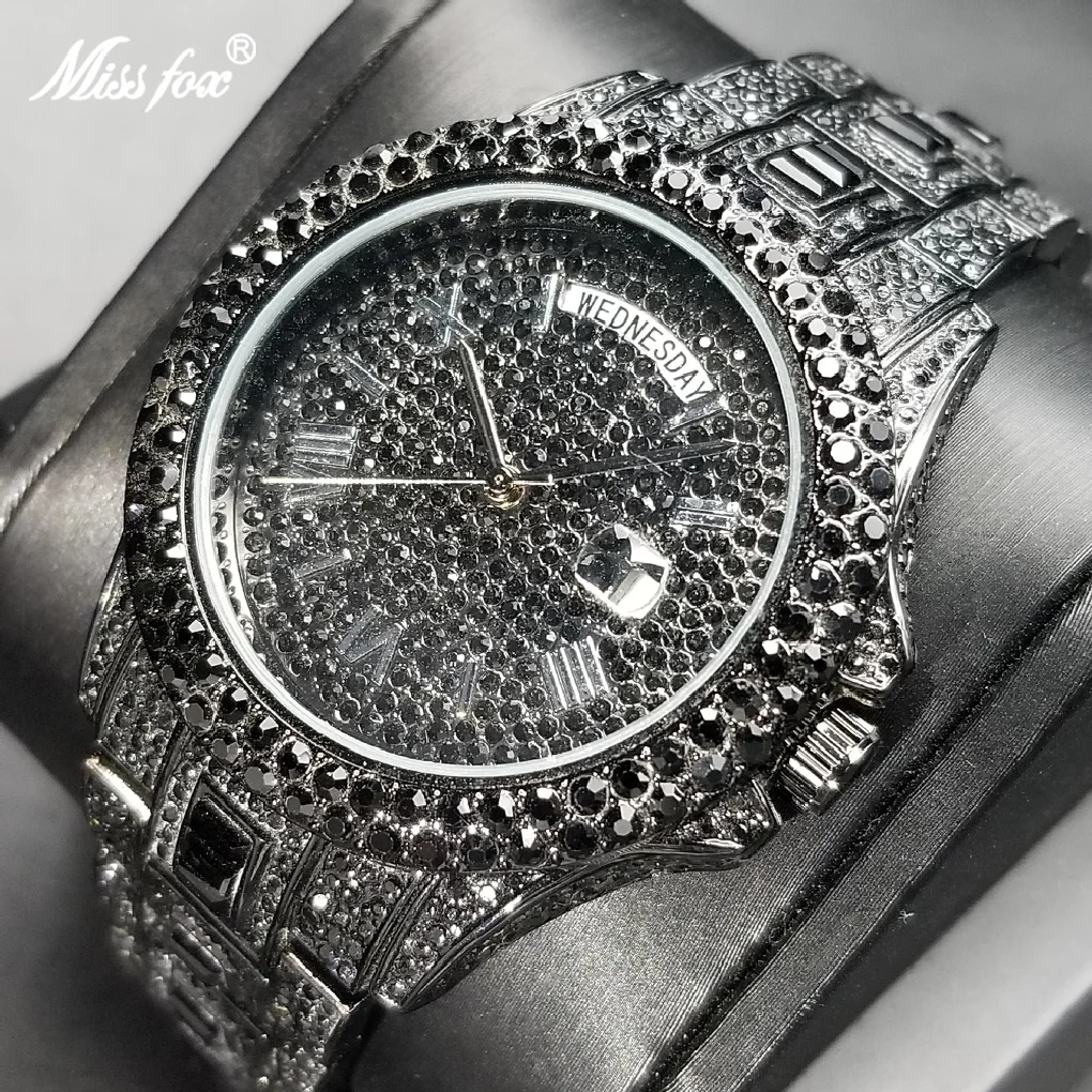

MISSFOX Black Full Diamond Mens Watches Hip Hop Bling Iced Out Quartz Watch Day Date Waterproof Stainless Steel Auto Date Clock