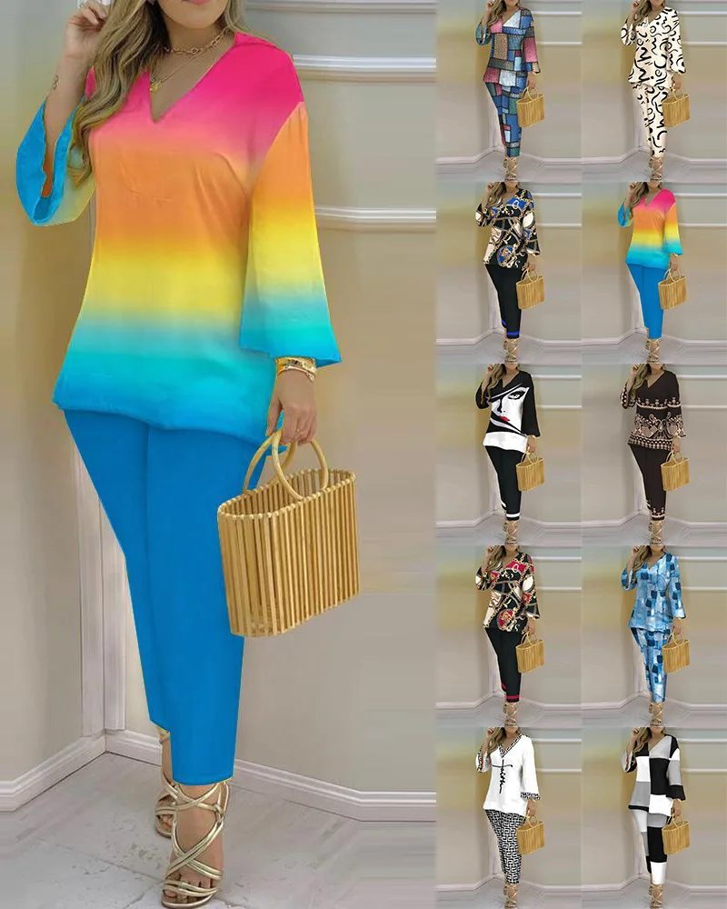 2023 spring and summer new women's suit fashion sexy V-neck printed thin long-sleeved trousers casual women's suit two-piece set