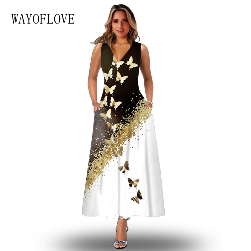 

WAYOFLOVE Summer Woman Long Dress Casual Beach Holiday Slim Vintage Vestido Party Black White Butterfly Print Sleeveless Dresses