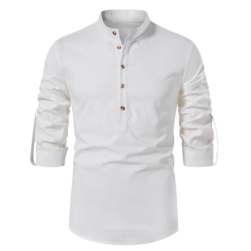 New Men's Linen Henley Shirts Long Sleeve Cotton Shirts Beach Yoga Loose Slim Fit Henley Tops Men's Casual Shirts