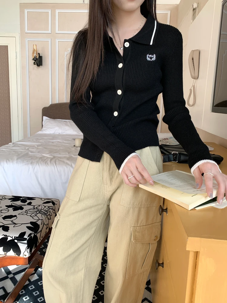 

3colors Autumn Winter 2023 korean Preppy style Slim Embroidery Knit Long Sleeve t-shirt Womens Tees shirt femme tops(X3139