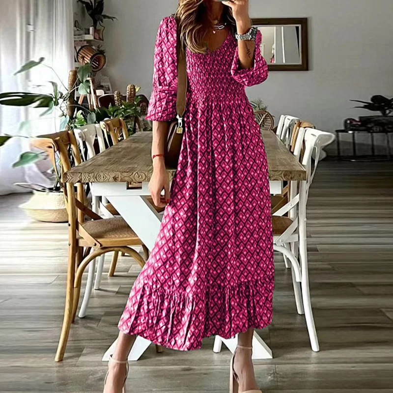 

Vintage Pattern Printed Boho Long Dress Women Elegant V Neck Ruffle Party Dress Summer Casaul Short Sleeve Pleated Beach Dresses