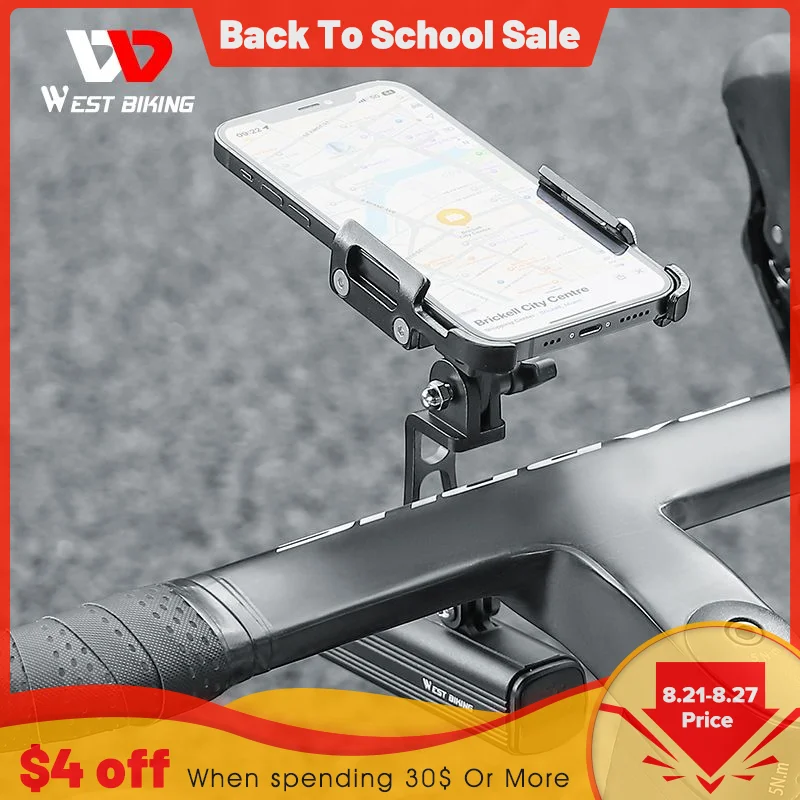 

WEST BIKING 2 In 1 Bicycle Mobile Phone Support Intergrated Handlebar Phone Stand CNC Aluminum Alloy Gopro Headlight Holder