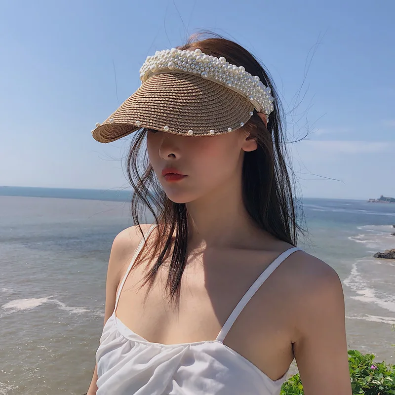 

2021 New Straw Hat Women's Summer Handmade DIY Pearl Beach Straw Hat Women's Sun Casual Shade Sun Empty Top Hat Beach