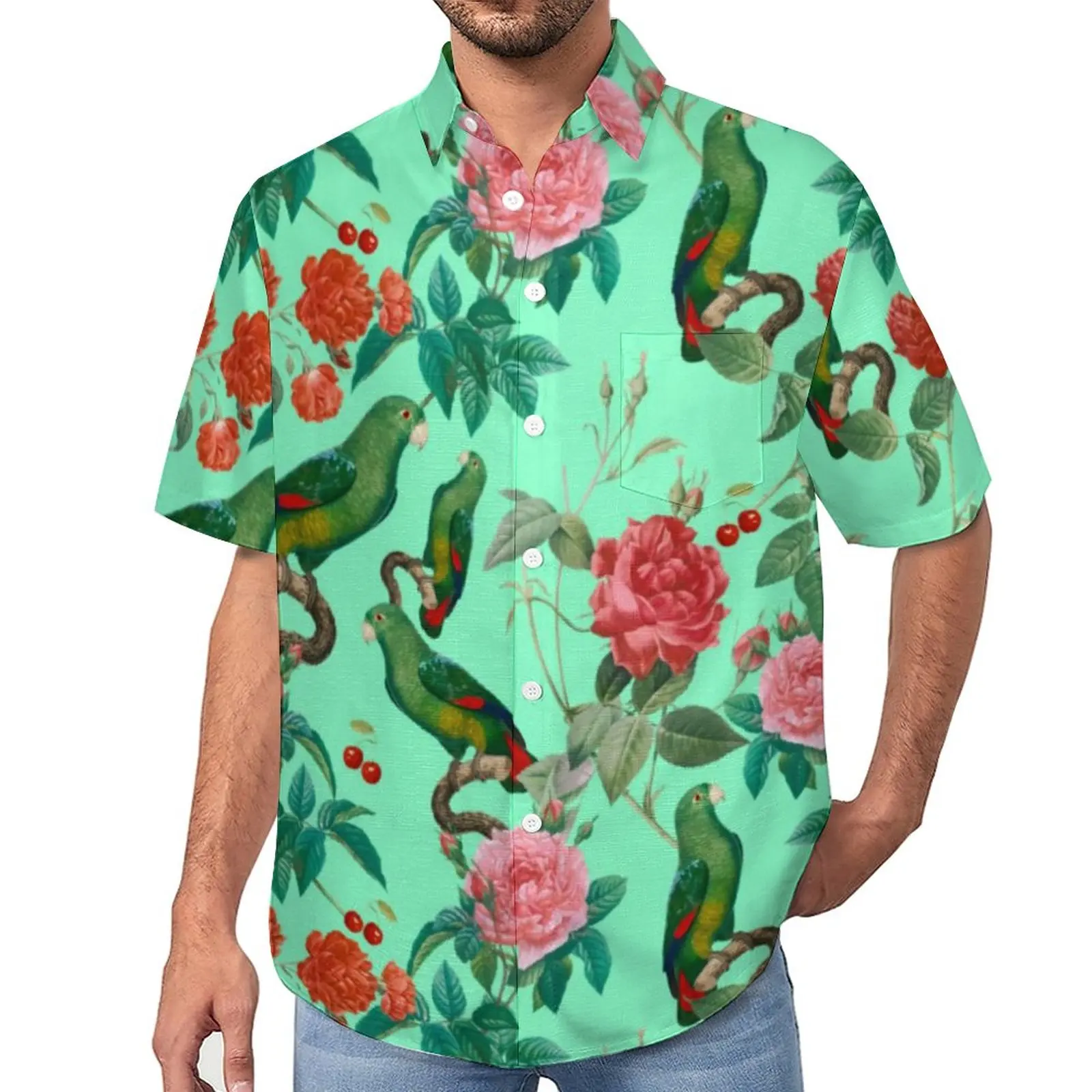 

Parrot Pattern Blouses Man Red Pink Roses Casual Shirts Hawaii Short Sleeve Design Retro Oversize Vacation Shirt Birthday Gift